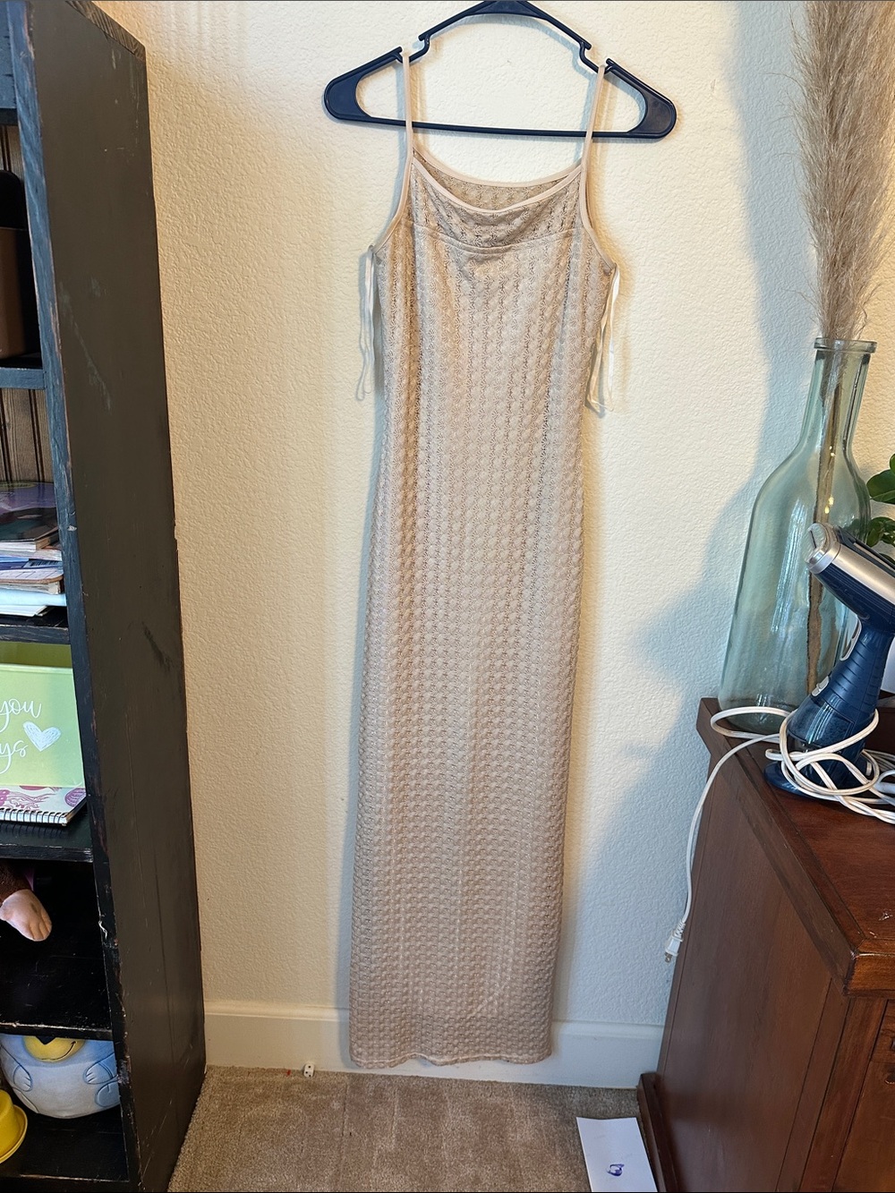 CEDUXION 90’s Vintage Neutral Beige Maxi Slip Dress with Spaghetti Straps